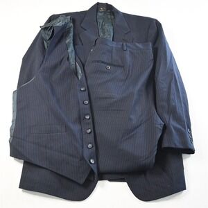 Vtg USA Made 42S 38x29 Navy Blue Striped 3 Piece Vest Mens Jacket Pants Suit